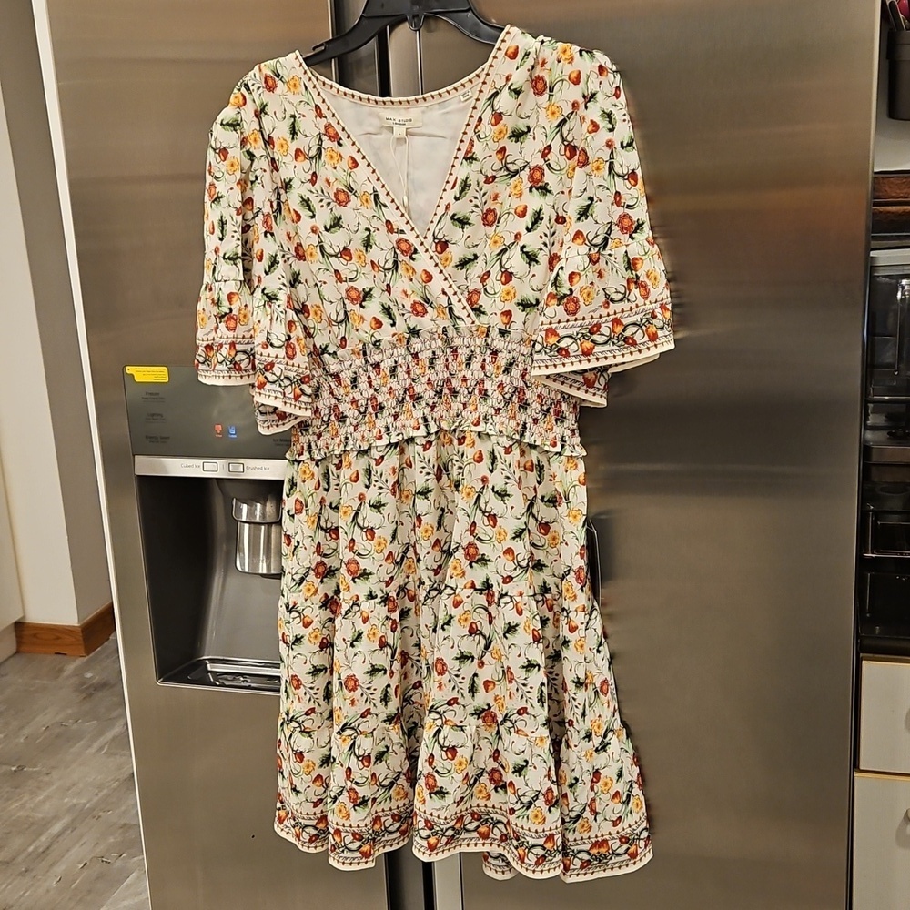 💕MAX STUDIO💕 Short Bell Sleeve Fit & Flare Dress Floral Foliage Large L NWT - Picture 5 of 14